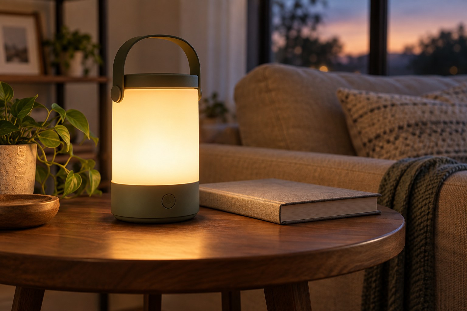Battery-powered LED lantern on a living-room table