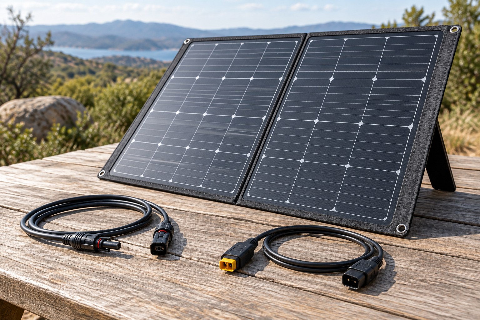 Folding solar panel with separate unconnected charging leads on an outdoor table