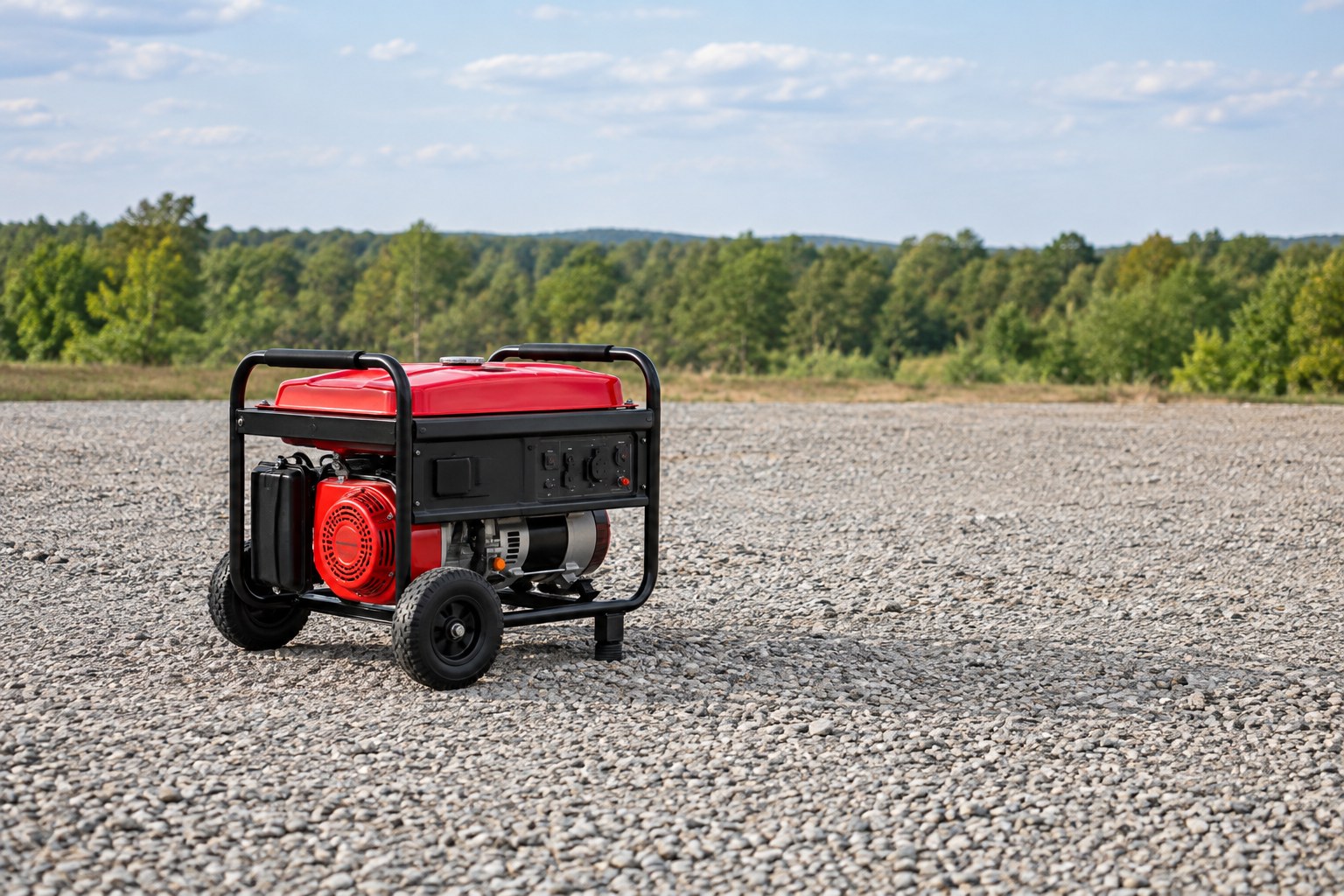 Portable generator standing disconnected in an open gravel clearing