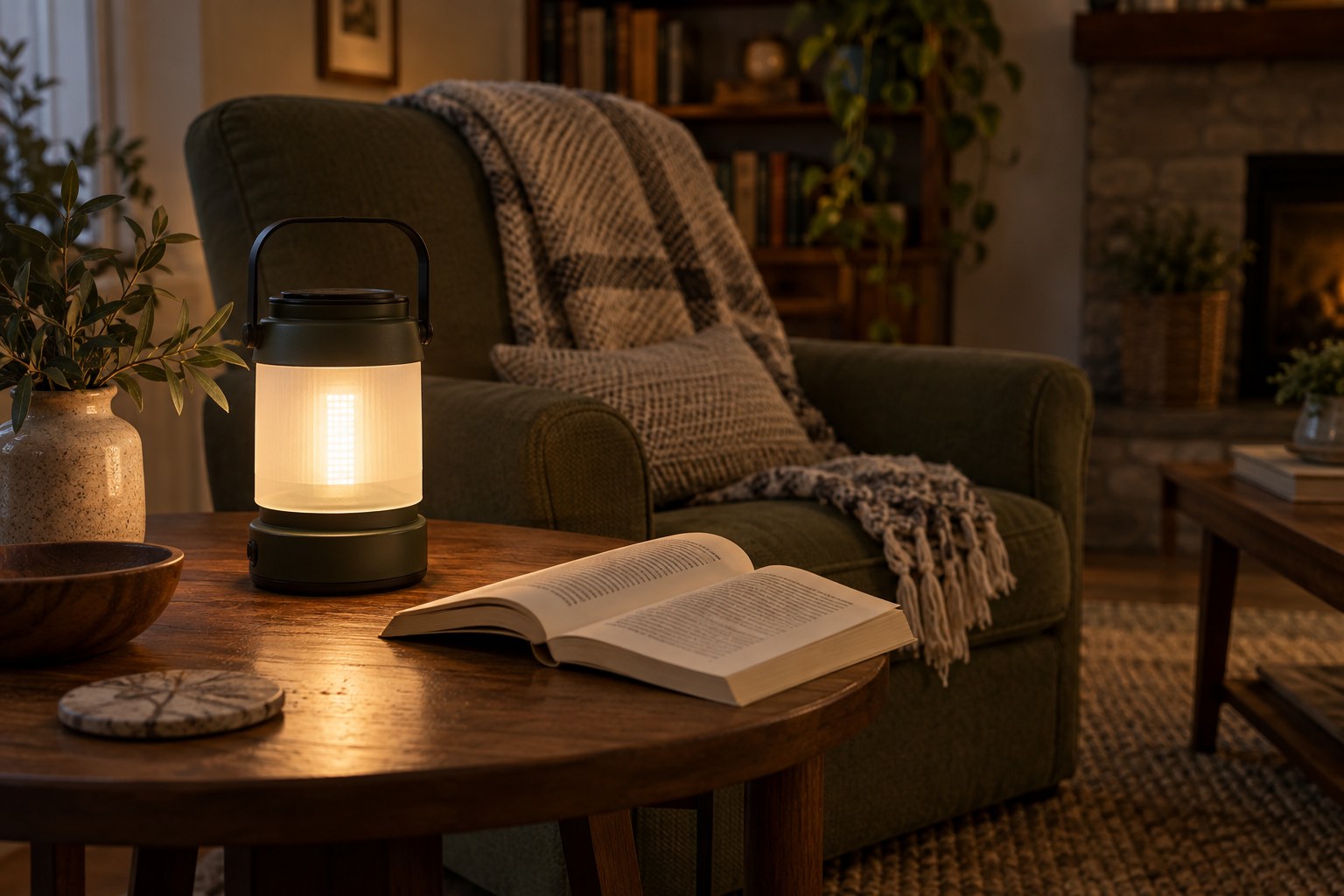 Open book and battery LED lantern beside an armchair