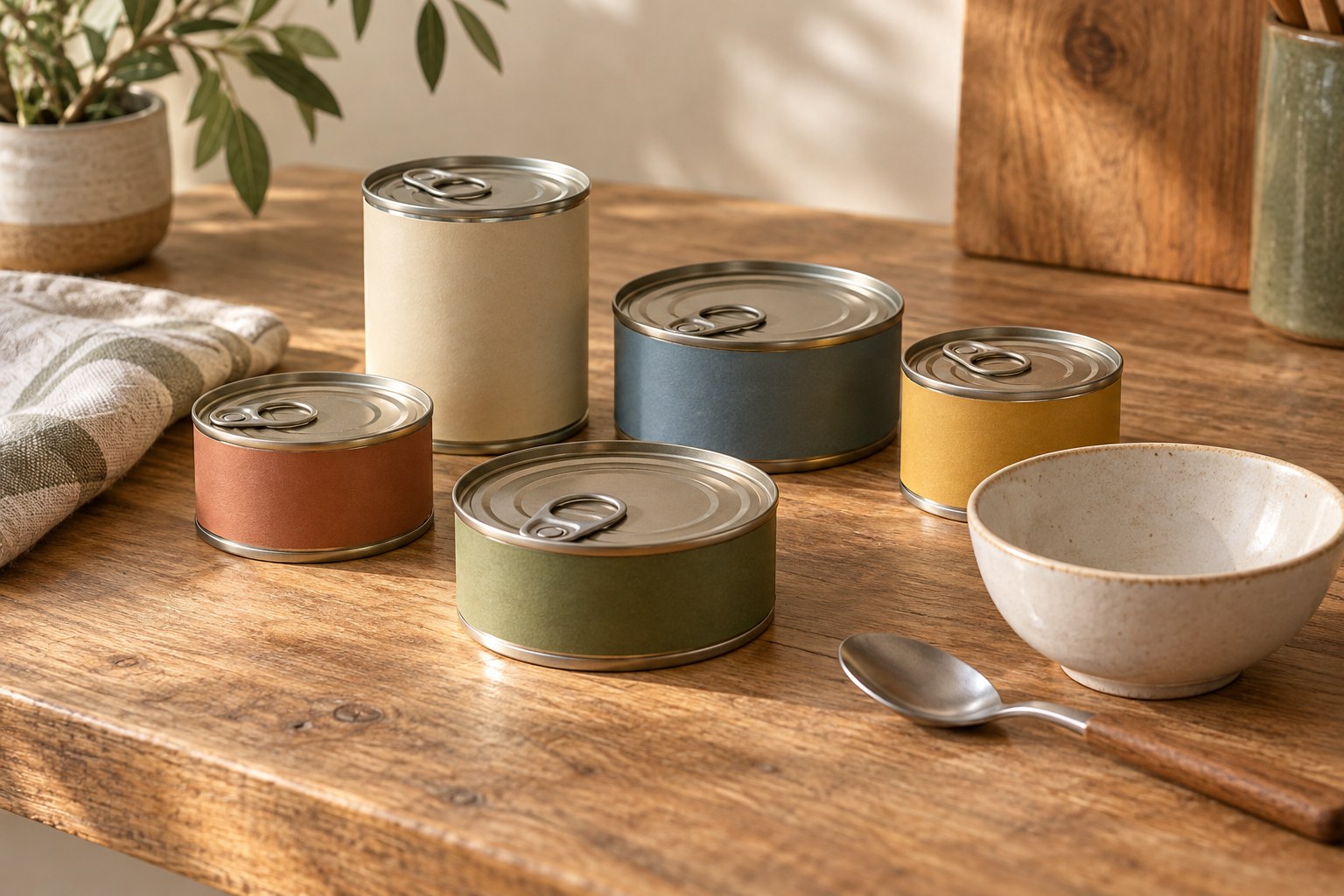 Small sealed food cans with an empty bowl and spoon