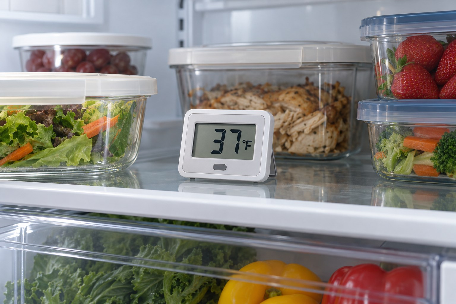 Digital refrigerator thermometer displaying 37 degrees Fahrenheit