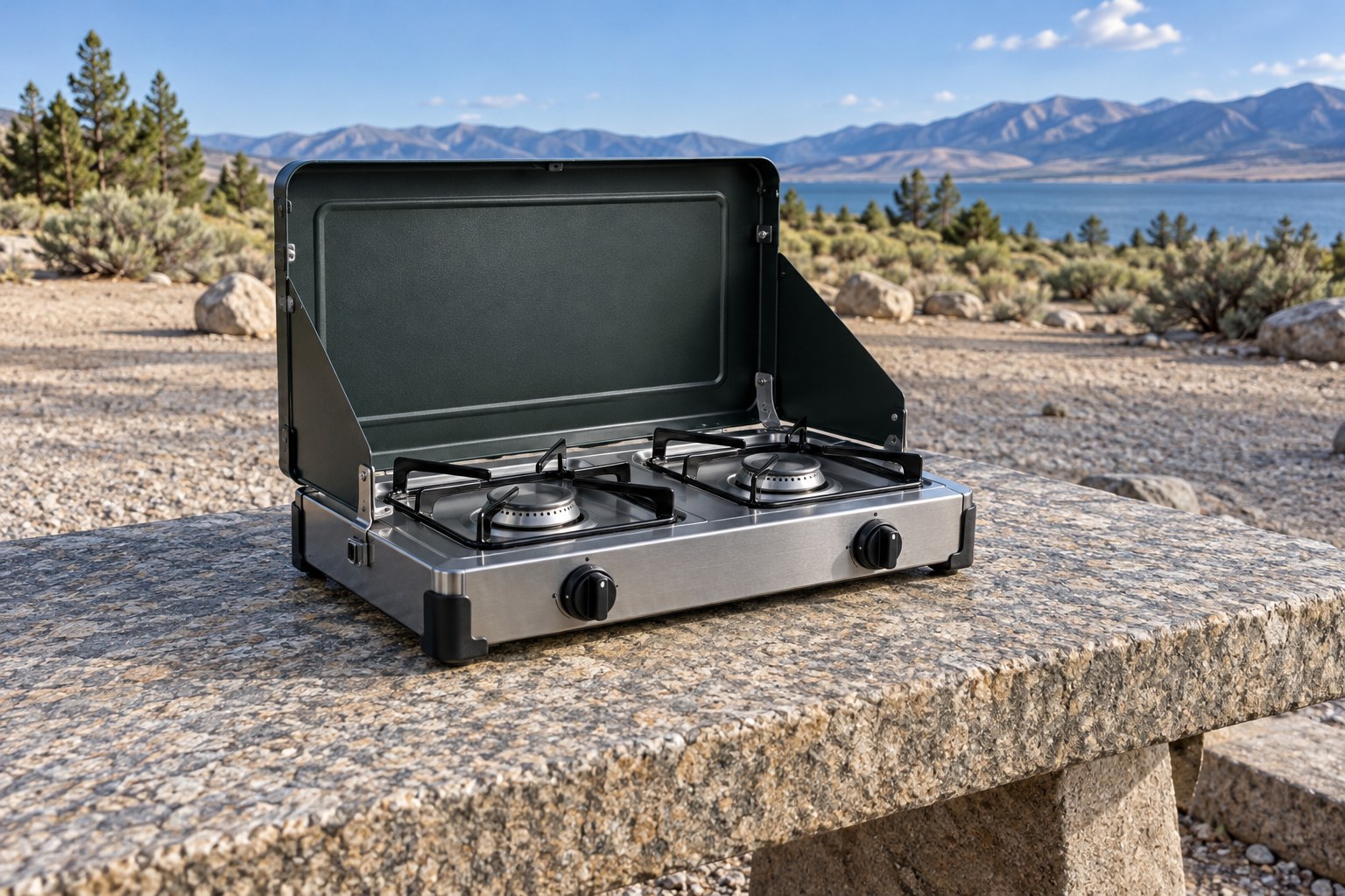 Disconnected camping stove on a wide stone table in an open outdoor setting