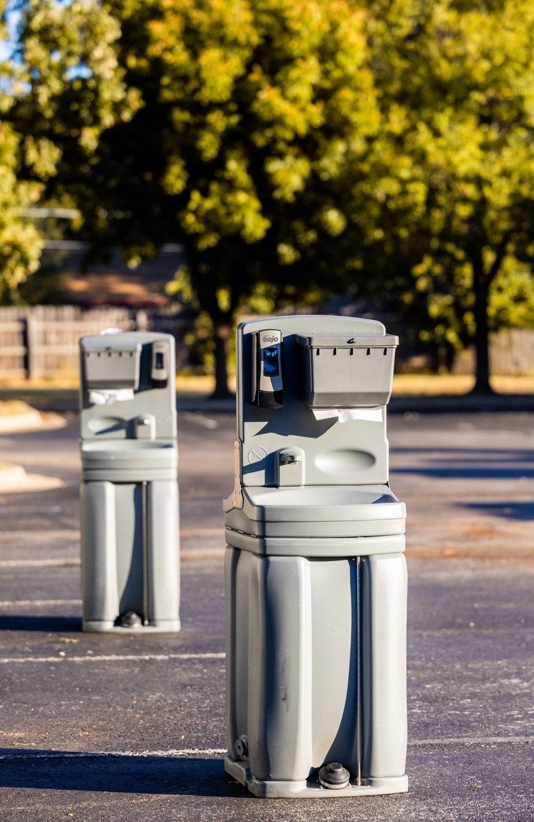 Portable handwashing stations placed outdoors