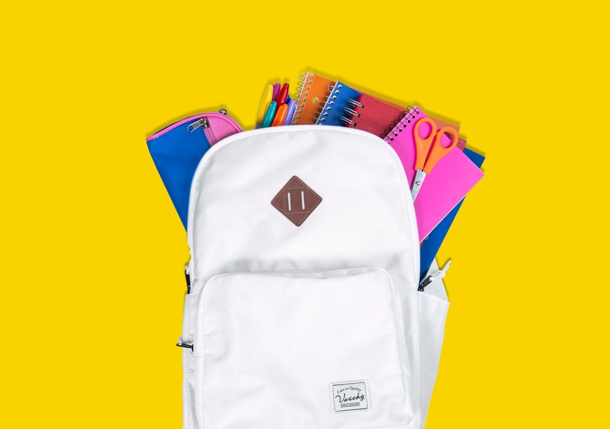 School backpack with stationery and accessories