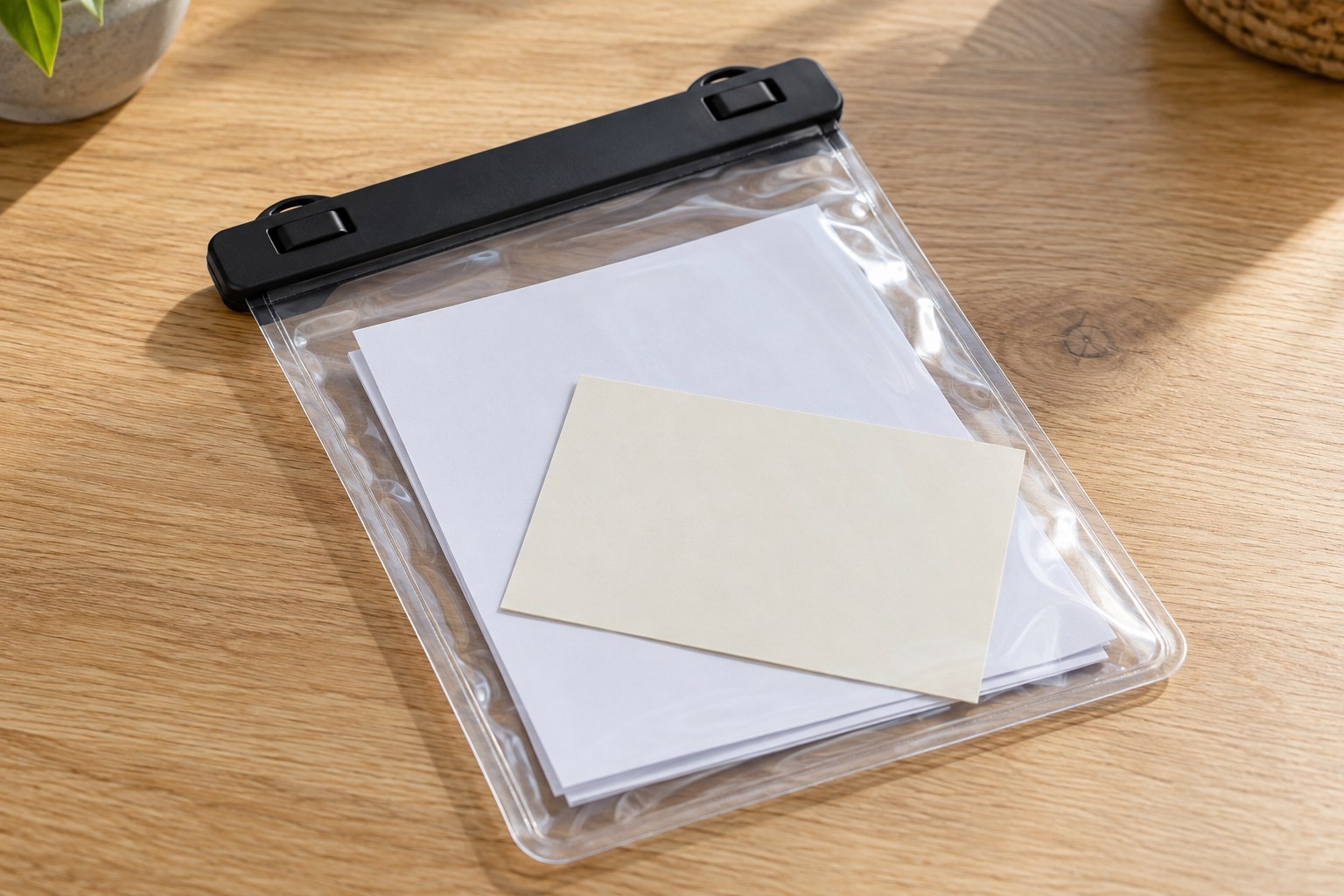 Closed transparent document pouch containing blank sheets and a card