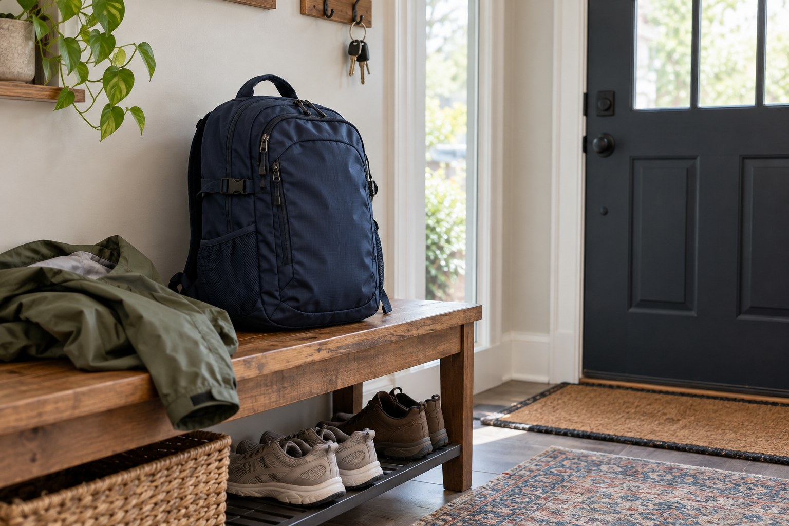 Packed overnight bag and shoes beside a home doorway