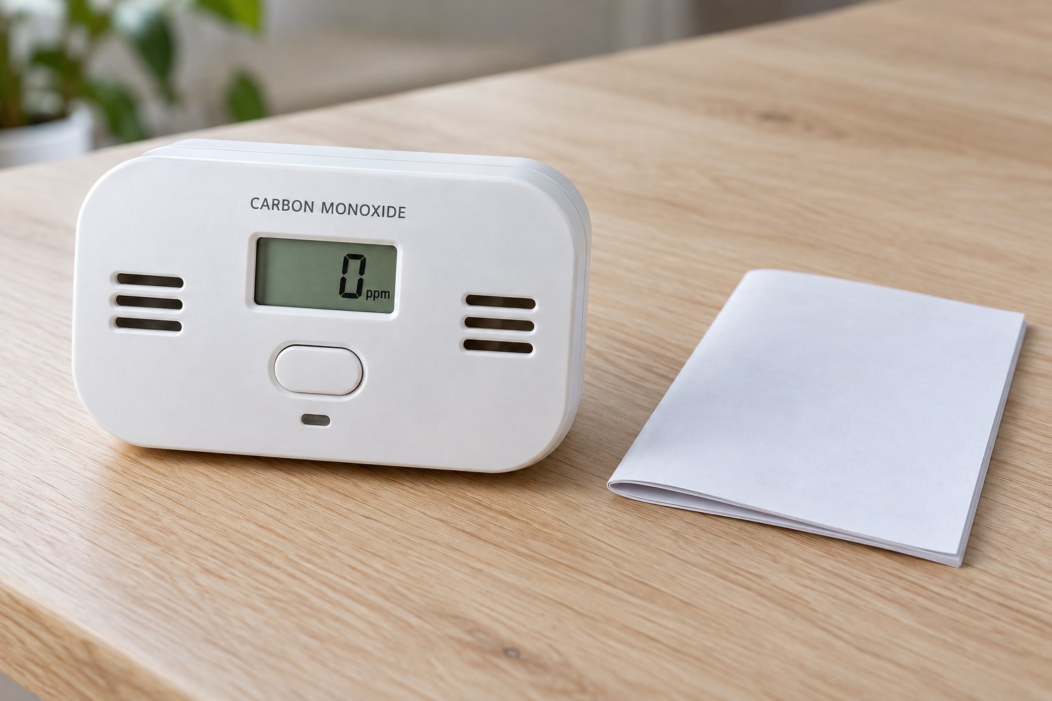 Uninstalled carbon monoxide alarm on a tabletop