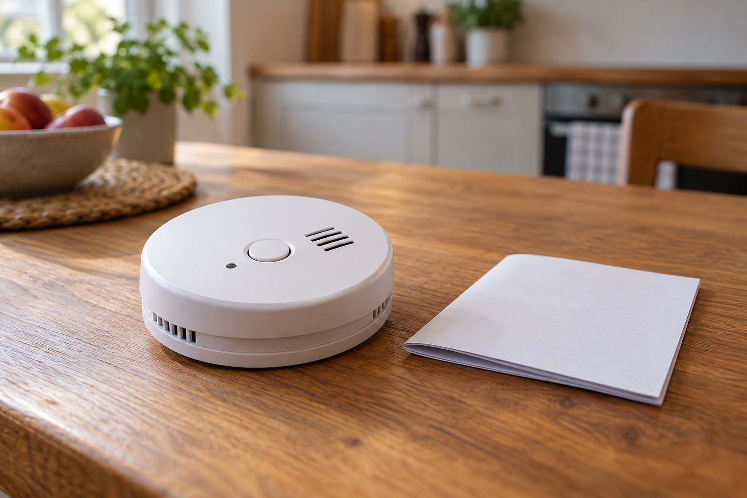 Uninstalled smoke alarm with test button on a tabletop