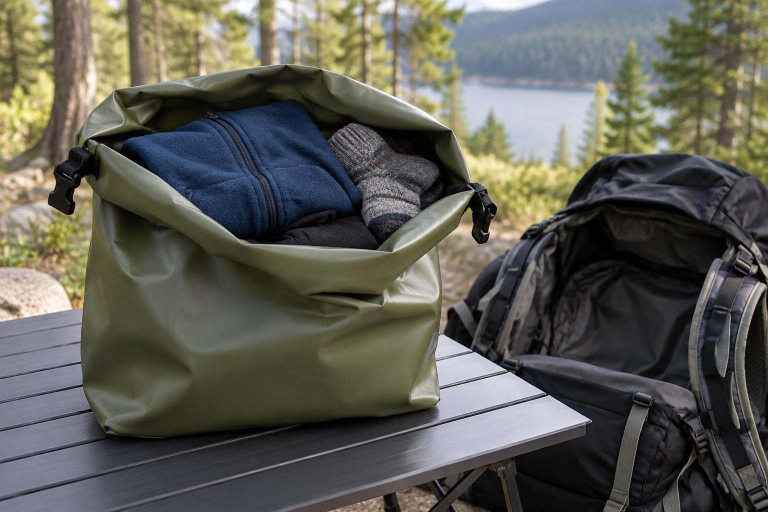 Dry bag holding folded clothing beside outdoor gear