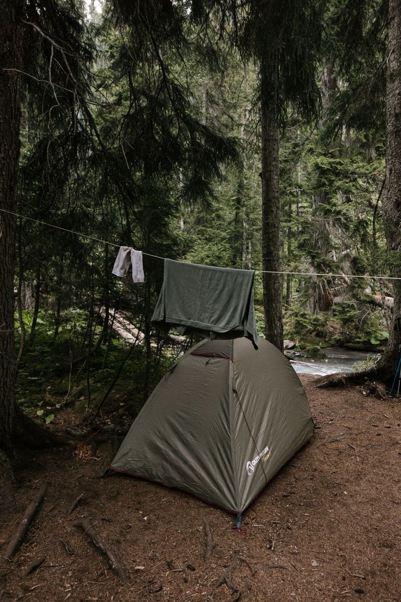 Clothing drying near a forest campsite
