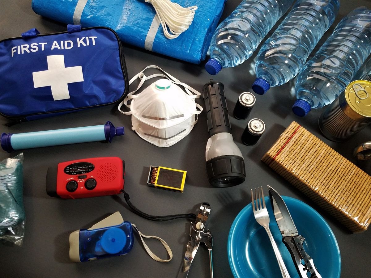 Emergency supplies including water and first aid items