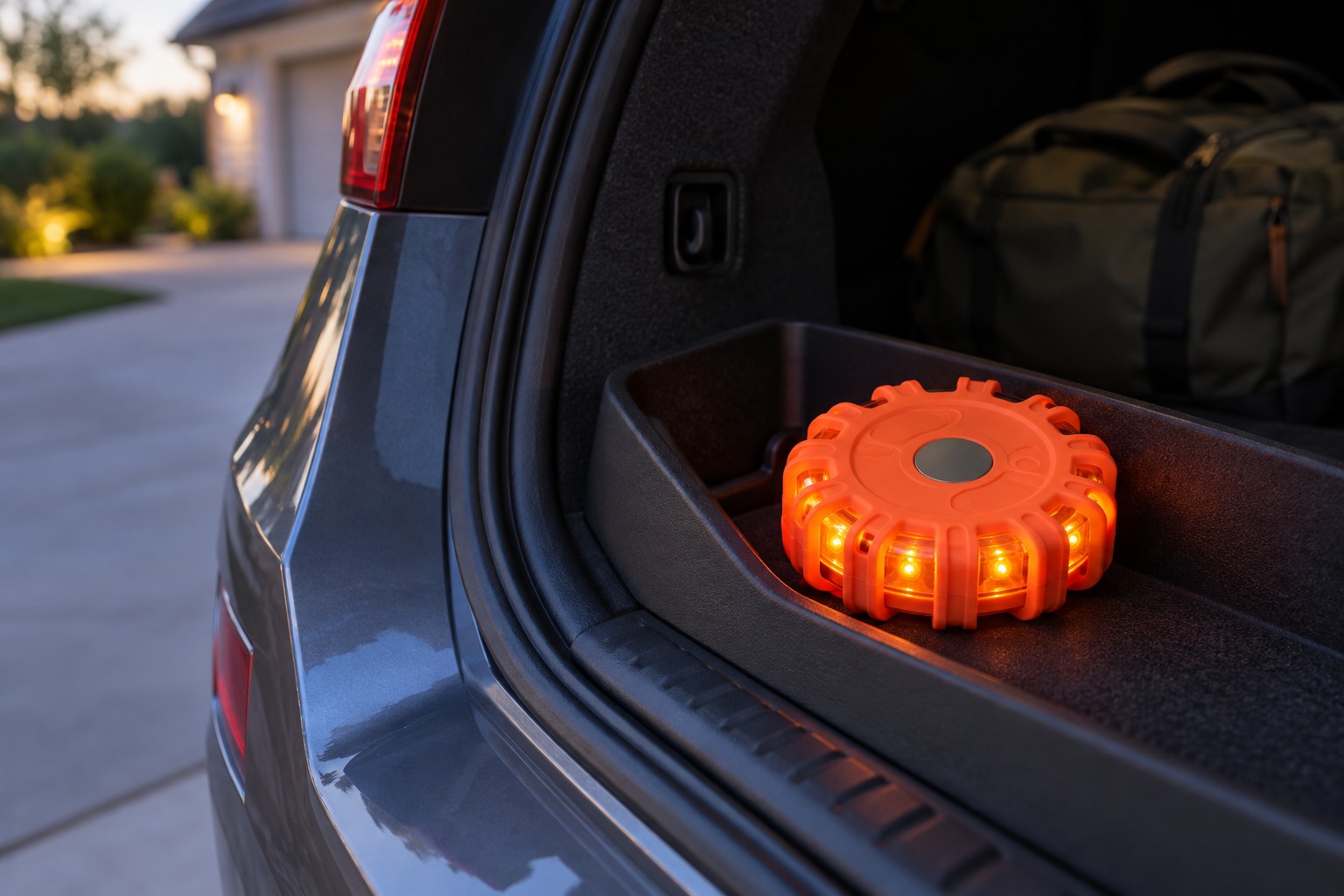 Round battery-powered LED warning beacon in an accessible car trunk tray