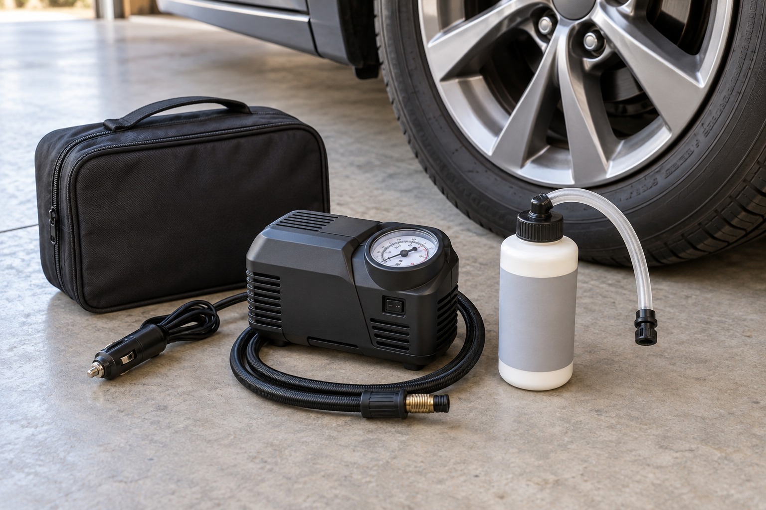 Car tire inflator and sealant bottle laid out beside a parked passenger-car wheel