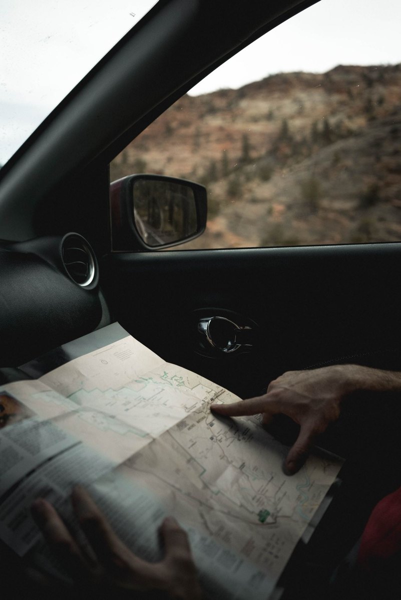 Person studying a paper road map inside a car